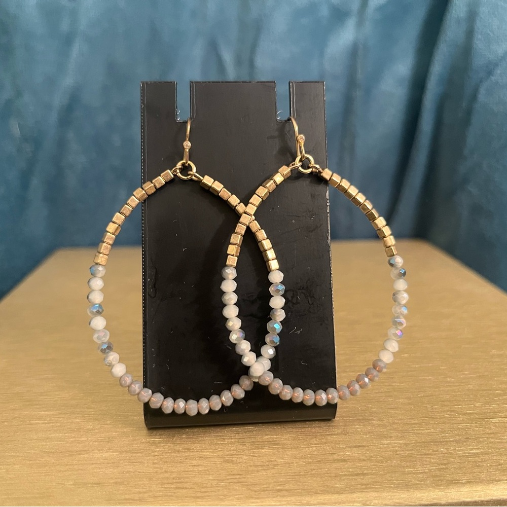 Gold Tone Beaded Hoop Earrings Blush Neutral Sparkle